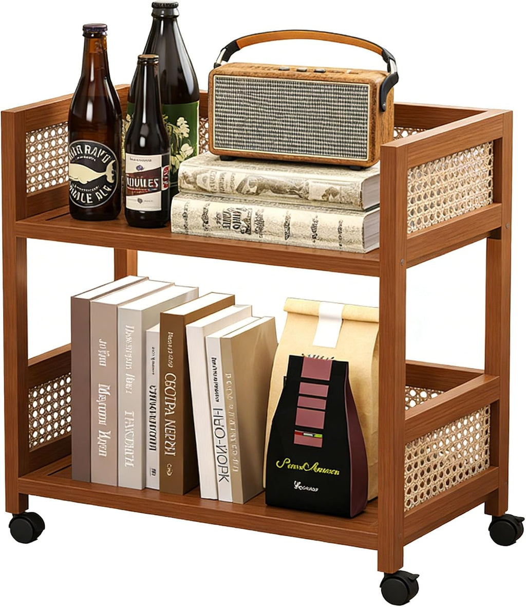 2-Tier Rolling Cart,Open Rattan Bookcase and Bookshelf,Mobile Bookshelf with Wheels,Rolling Storage Cart,for Living Room, Bedroom, Kitchen,Home Office(Rustic Brown)