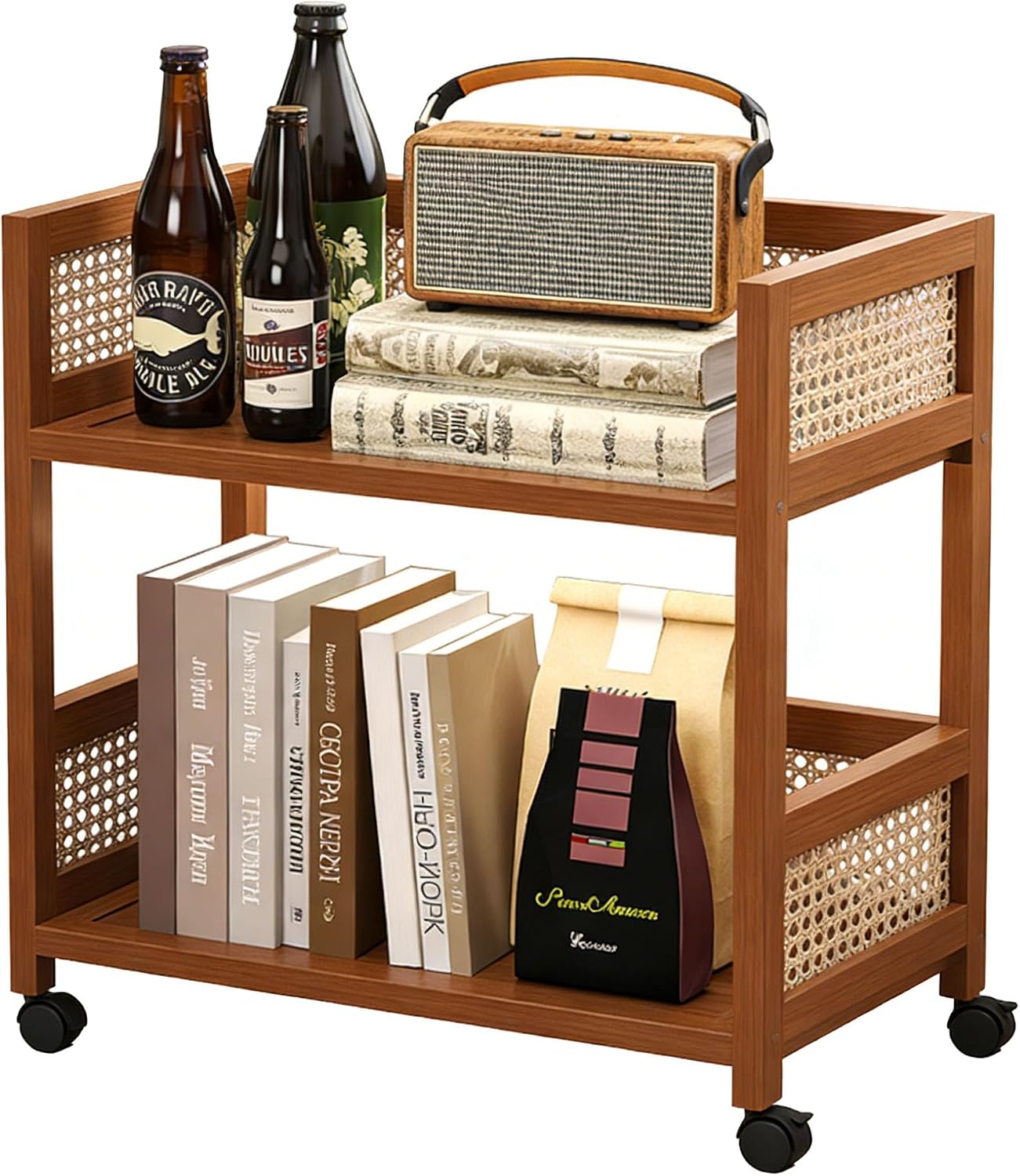 2-Tier Rolling Cart,Open Rattan Bookcase and Bookshelf,Mobile Bookshelf with Wheels,Rolling Storage Cart,for Living Room, Bedroom, Kitchen,Home Office(Rustic Brown)