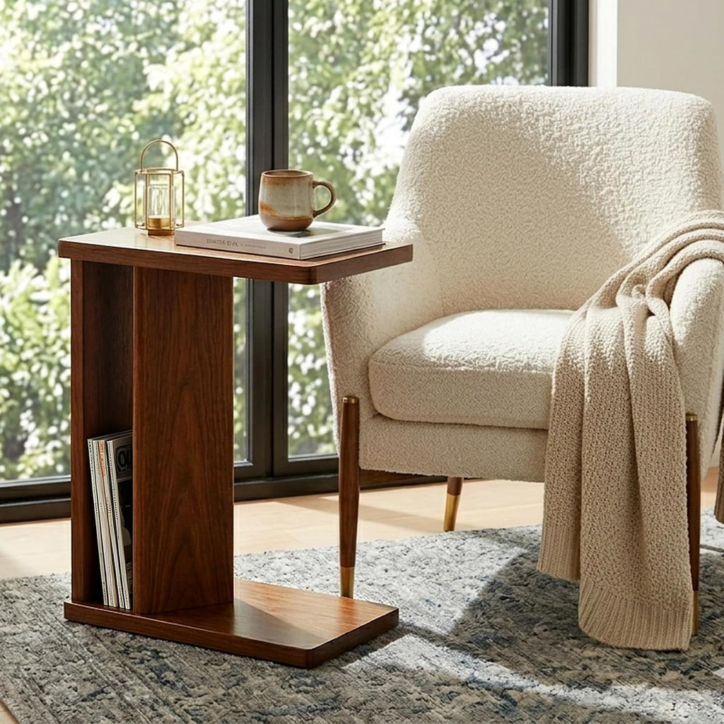2-in-1 C-Shaped End Table & Side Table, Solid Rubberwood Side Table with Storage Shelf, Small End Table for Sofa Couch, Mid-Century Narrow Nightstand for Living Room Bedroom & Small Spaces