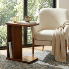 2-in-1 C-Shaped End Table & Side Table, Solid Rubberwood Side Table with Storage Shelf, Small End Table for Sofa Couch, Mid-Century Narrow Nightstand for Living Room Bedroom & Small Spaces