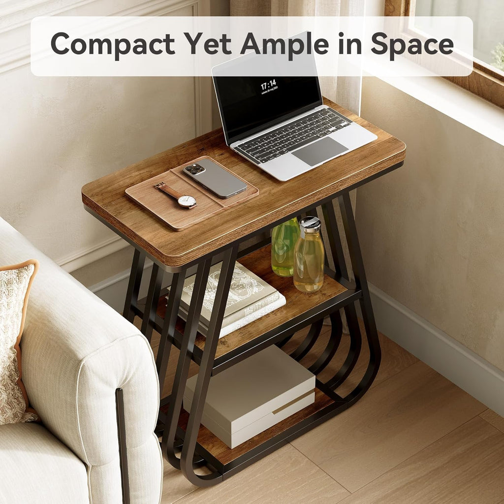 LITTLE TREE End Table for Living Room, 3-Tier Side Table for Small Spaces, Industrial Narrow Side Table with Storage Shelf in Oak Brown and Black