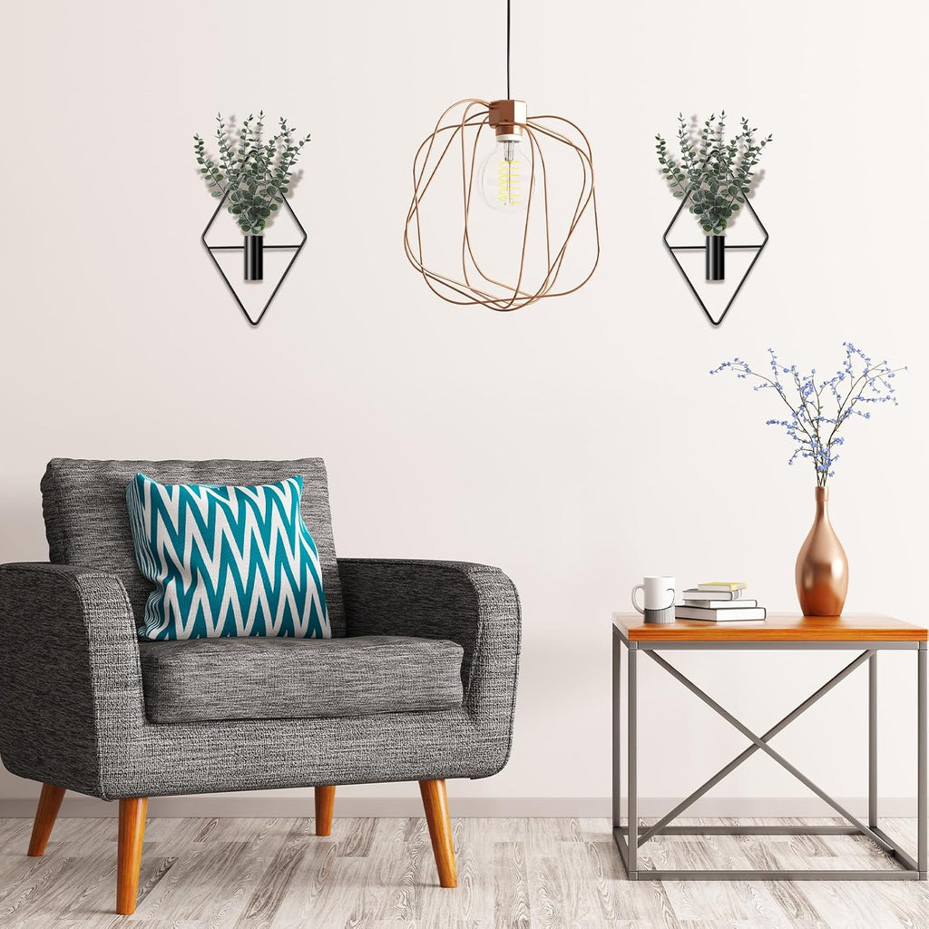 Jexine 4 Pcs Hanging Planters with Artificial Eucalyptus Metal Hanging Vase Indoor Plants Holder Modern Geometric Boho Bathroom Wall Decor for Living Room Home Office(Black)