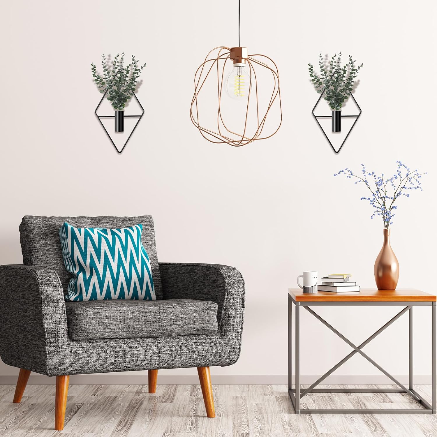 Jexine 4 Pcs Hanging Planters with Artificial Eucalyptus Metal Hanging Vase Indoor Plants Holder Modern Geometric Boho Bathroom Wall Decor for Living Room Home Office(Black)