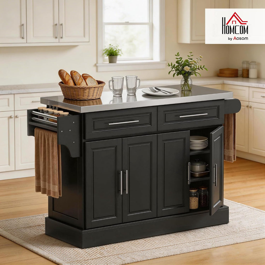 HOMCOM Rolling Kitchen Island Cart with 47" Stainless Steel Top Black | Portable Island Table for Kitchen, Wheels, Adjustable Shelves, 2 Drawers, Spice, Knife and Towel Rack