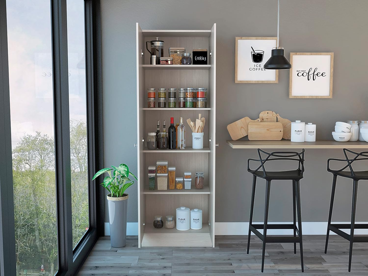 Multistorage Pantry Cabinet, 5 Shelves, Double Door & Beige Finish for Kitchen & Home Organization