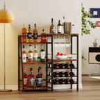 Homeiju Liquor Cabinet Bar for Home Bar, 3 Tier Wine Rack Freestanding Floor with Glass Holder and Fences, Trapezoidal Liquor Bottle Display Shelf for Liquor Whiskey Wine, Brown
