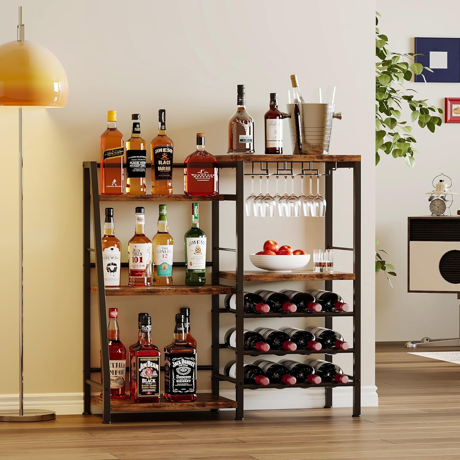 Homeiju Liquor Cabinet Bar for Home Bar, 3 Tier Wine Rack Freestanding Floor with Glass Holder and Fences, Trapezoidal Liquor Bottle Display Shelf for Liquor Whiskey Wine, Brown