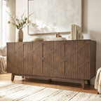 Buffet Cabinet with Storage, Distressed Storage Cabinet with 4 Carved Doors and Adjustable Shelf, Wooden Accent Sideboard Buffet Cabinets for Kitchen, Living Room, Entryway, Brown