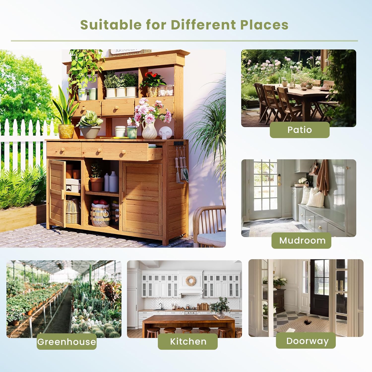 LUMISOL Garden Potting Bench Table with Hutch, Solid Fir Wood Patio Storage Workstation with 3 Shelves, 6 Drawers, 2 Bottom Cabinet and Side Hooks for Mudroom, Doorway, Natural