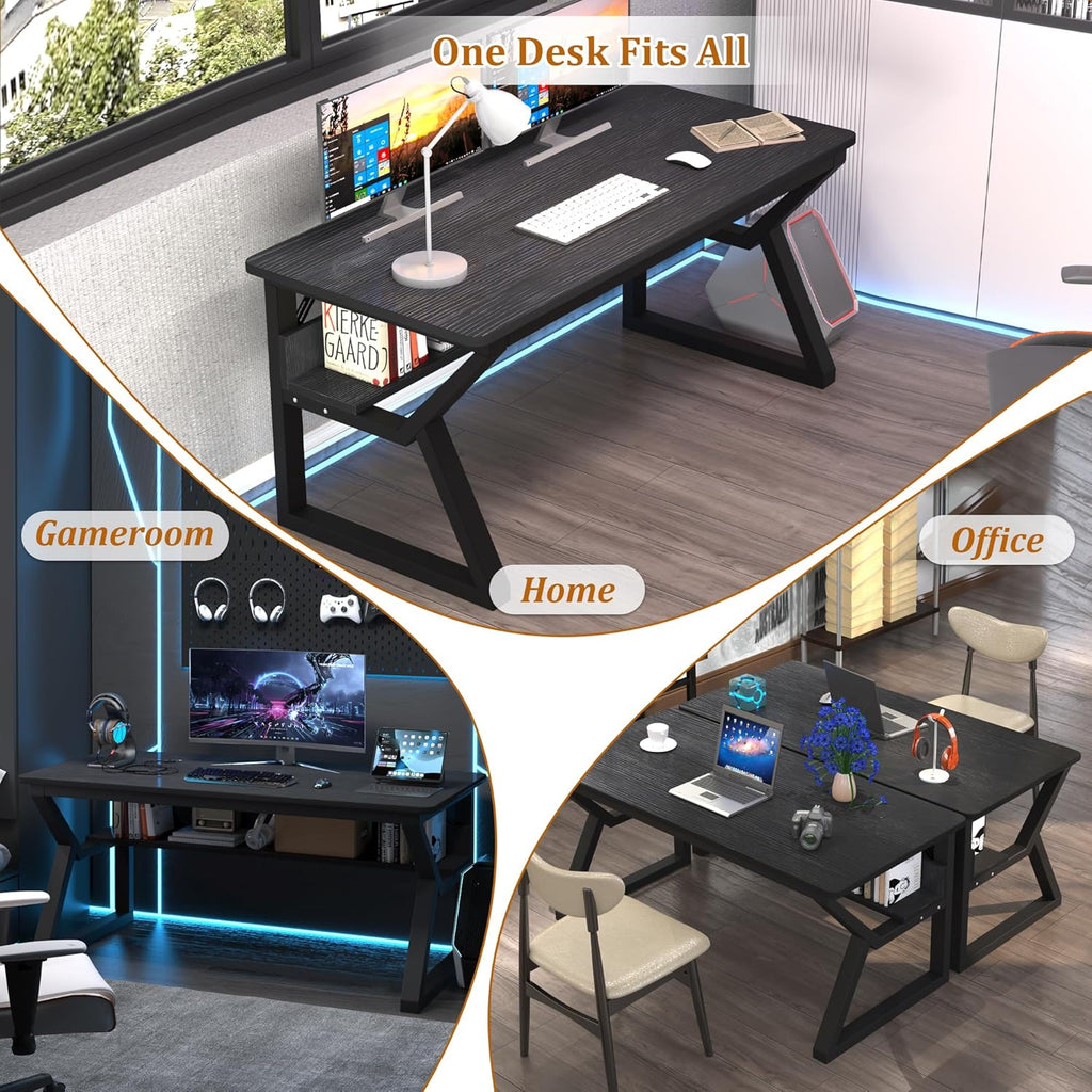 55 inch Computer Desk with Storage Shelf, K-Shaped Office Desk with Sturdy Metal Frame, Writing Gaming Work Desk with Waterproof Surface for Home Office & Bedroom, Black