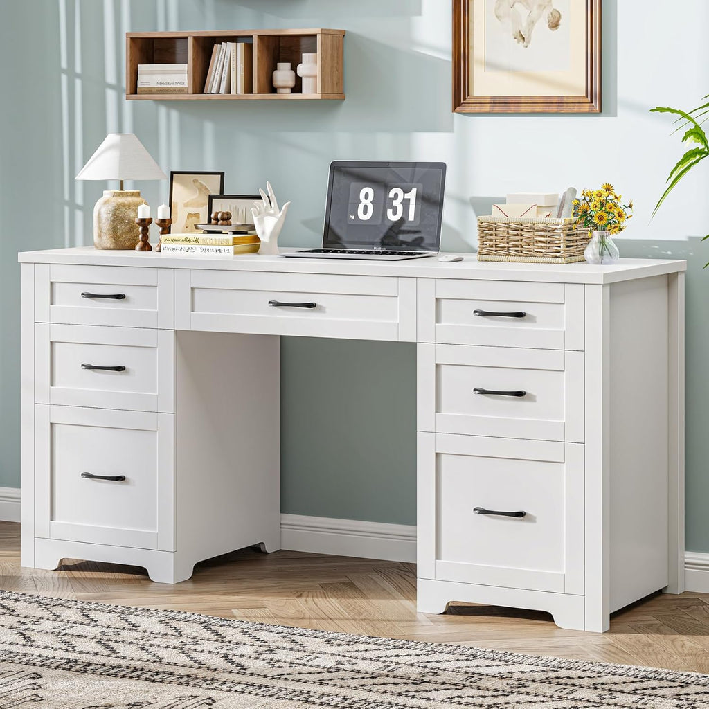 Vabches Farmhouse 61'' Executive Desk with 7 Drawers, Rustic Office Desk Computer Table with File Drawers, Wood Workstation for Home Office and Study,Cream White