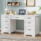 Vabches Farmhouse 61'' Executive Desk with 7 Drawers, Rustic Office Desk Computer Table with File Drawers, Wood Workstation for Home Office and Study,Cream White