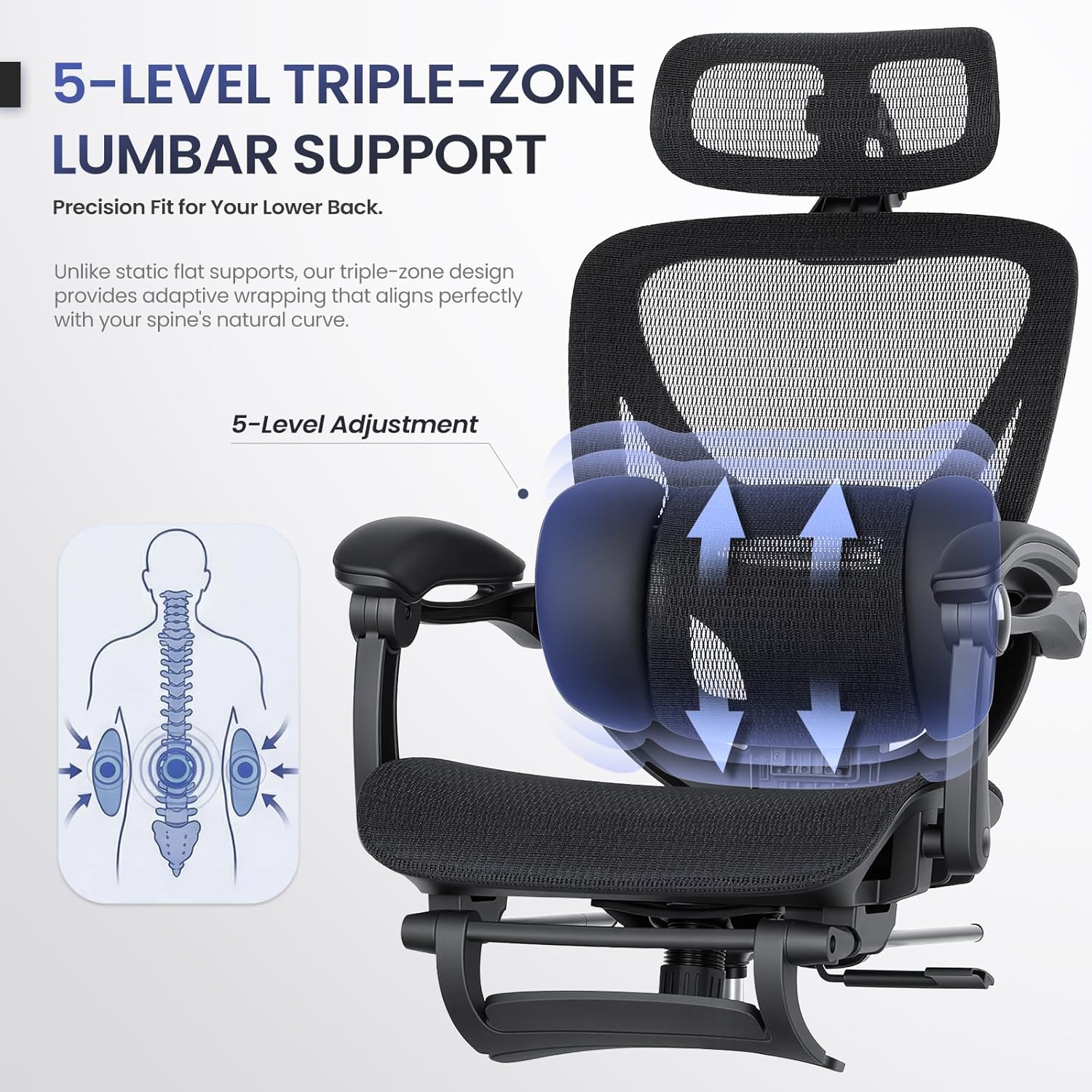 MALOL Ergonomic Mesh Office Chair with Footrest, Executive High Back Computer Desk Chair with 3D Adjustable Headrest & 5-Level Lumbar Support, Reclining Tilt Lock, 3D Arms, 300LBS Capacity, Black