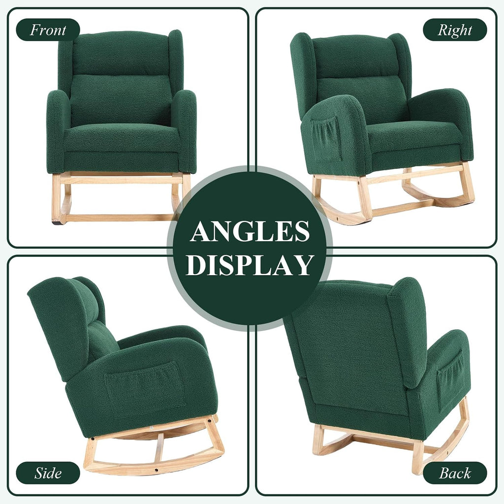 NIOIIKIT Nursery Rocking Chair with Footrest, Teddy Upholstered Glider Chair, Nursery Gliding Recliner with Side Pocket, Glider Rocker for Living Room (Green)
