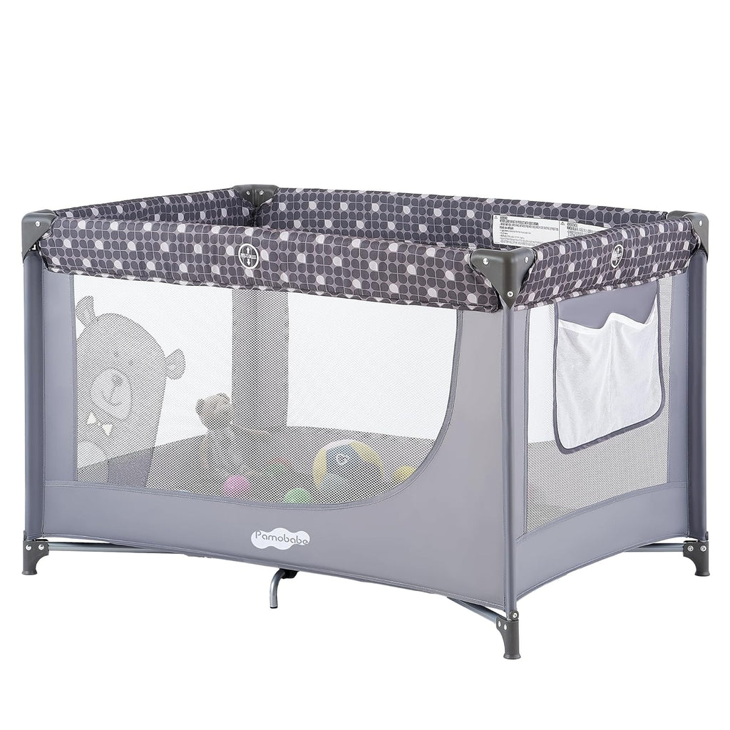 Pamo Babe Compact Pack and Play - Portable Crib for Baby, Lightweight Foldable Travel Playard with Mattress Pad & Carry Bag, Safe Breathable Travel Bed for Home, Trips & Family Visits, Cute Pattern