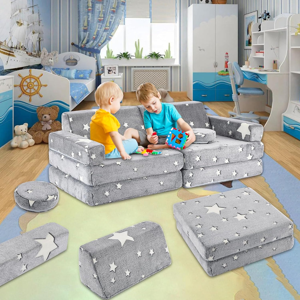 Kids Play Couch, 10Pcs Toddler Sofa,Modular Kids Couch for Playing, Creativing, Sleeping (Grey Stars)