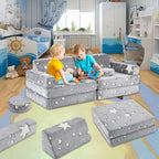 Kids Play Couch, 10Pcs Toddler Sofa,Modular Kids Couch for Playing, Creativing, Sleeping (Grey Stars)