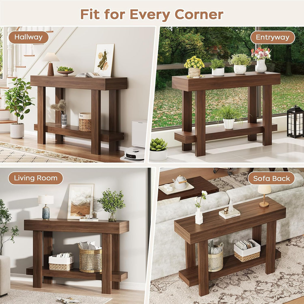 Console Table for Entryway, 47.2" Narrow Farmhouse Sofa Table with Thick Tabletop & Storage Shelf, 2-Tier Modern Wooden Entryway Industrial Table for Hallway, Living Room, Foyer, Behind Couch, Walnut