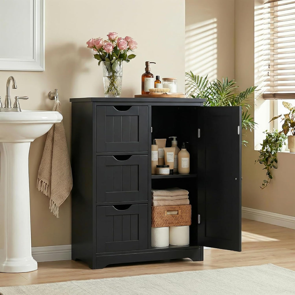 JupiterForce Wooden Bathroom Floor Storage Cabinet, Freestanding Storage Cabinet with 4 Drawers and 1 Door Entryway Storage Oragnizer Unit for Bathroom, Living Room (3 Drawers, Black)