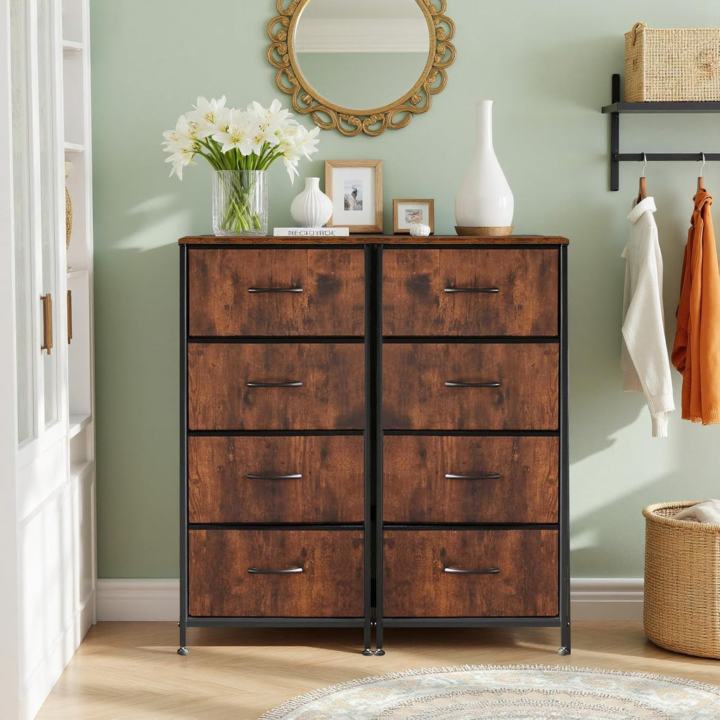 4 Drawers Dresser for Bedroom Fabric Storage Tower with Wooden Top | Steel Frame Tall Chest of Drawers for Closet, Entryway, Dorm, Brown