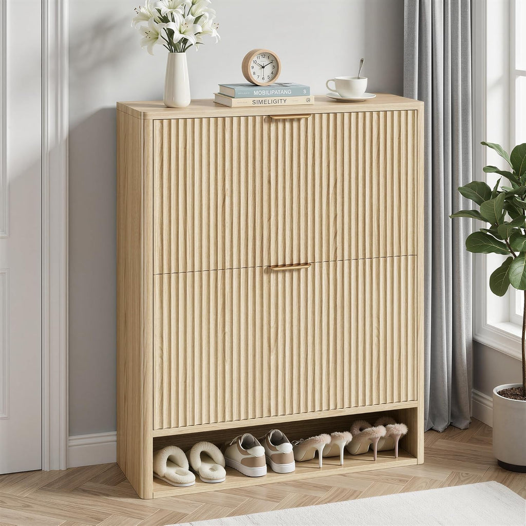 IRONCK Fluted Shoe Storage Cabinet for Entryway with 2 Flip Drawers, Adjustable Shelves & Open Shelf, Narrow Wood Shoe Rack Cabinet, Freestanding Slim Shoe Organizer Cabinet, Oak
