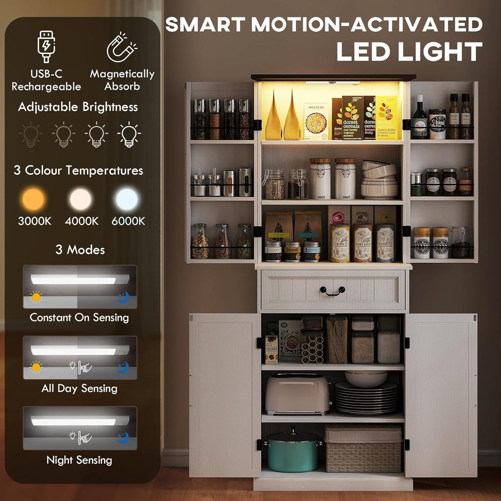 HOMCOM 71" LED Kitchen Pantry Cabinet, Farmhouse Tall Freestanding Storage Cabinet with Door Shelves, Adjustable Shelves and Drawer for Kitchen and Dining Room, Distressed White