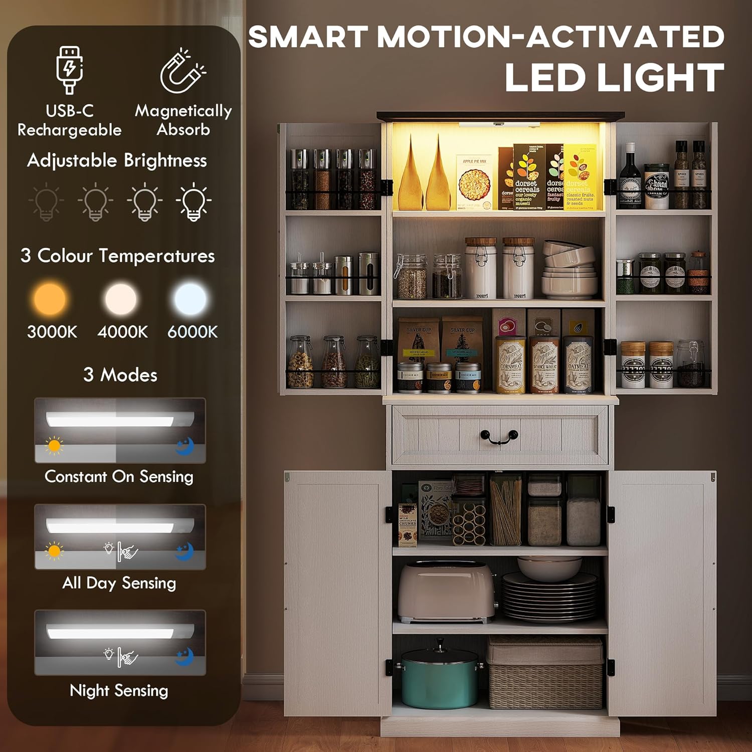 HOMCOM 71" LED Kitchen Pantry Cabinet, Farmhouse Tall Freestanding Storage Cabinet with Door Shelves, Adjustable Shelves and Drawer for Kitchen and Dining Room, Distressed White