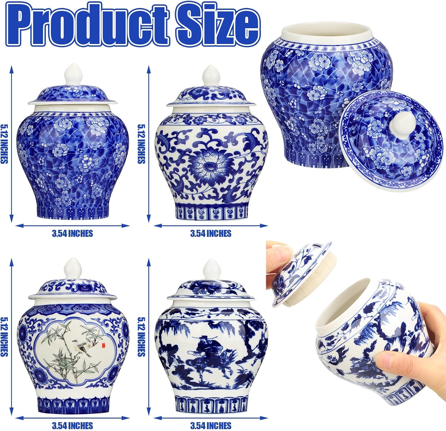 Hushee 4 Pcs Small Blue and White Vases Chinoiserie Vase Ginger Jar Porcelain Ginger Jar Chinoiserie Decor Blue and White Decor for Home Bedroom Table Centerpieces Tabletop Accent Shelf (Retro)