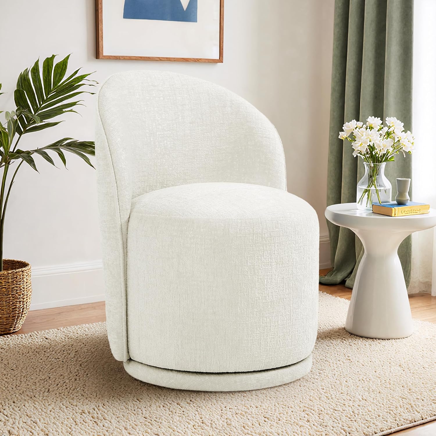 360° Swivel Barrel Accent Chair, Chenille Upholstered Kitchen Dining Room Chair, Makeup Vanity Side Chair for Bedroom Living Room - Beige