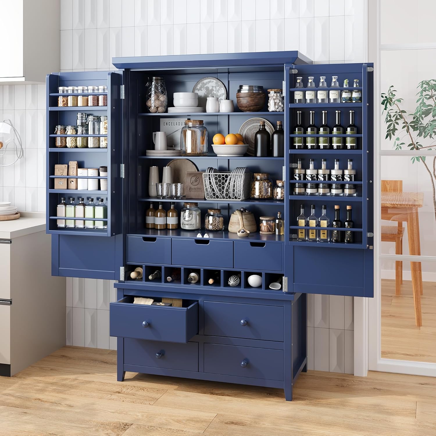SOFTSEA 71” Kitchen Pantry with with 7 Drawers, 3 Adjustable Shelves, 8 Door Rack, Wood Storage Cupboard for Kitchen, Living Room, Blue