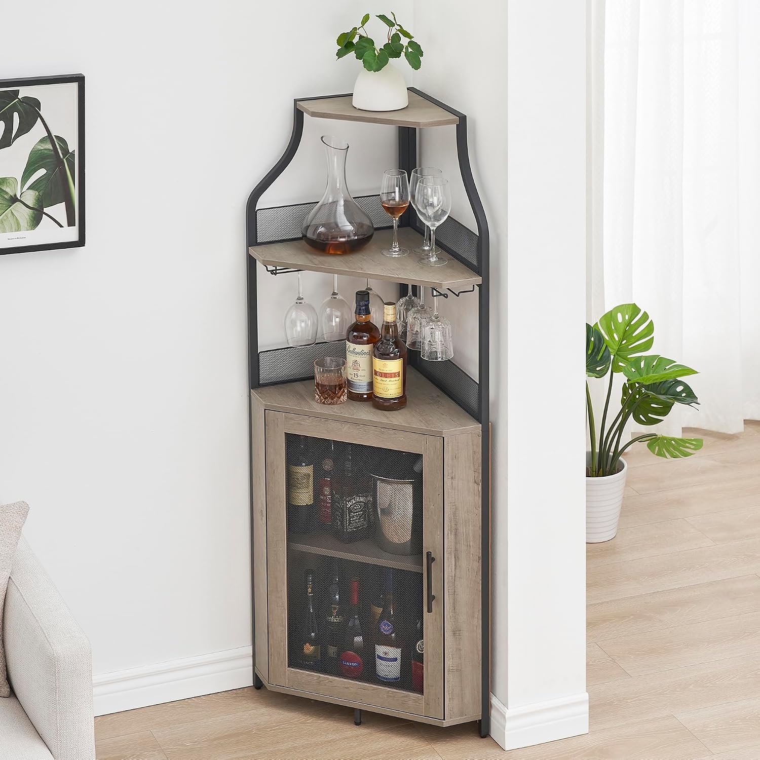 IDEALHOUSE 61'' Tall Corner Wine Bar Cabinet with Adjustable Shelves, 5-Tier Industrial Bar Cabinet with Glass Holder, Home Bar with Mesh Door for Liquor and Glasses, Grey