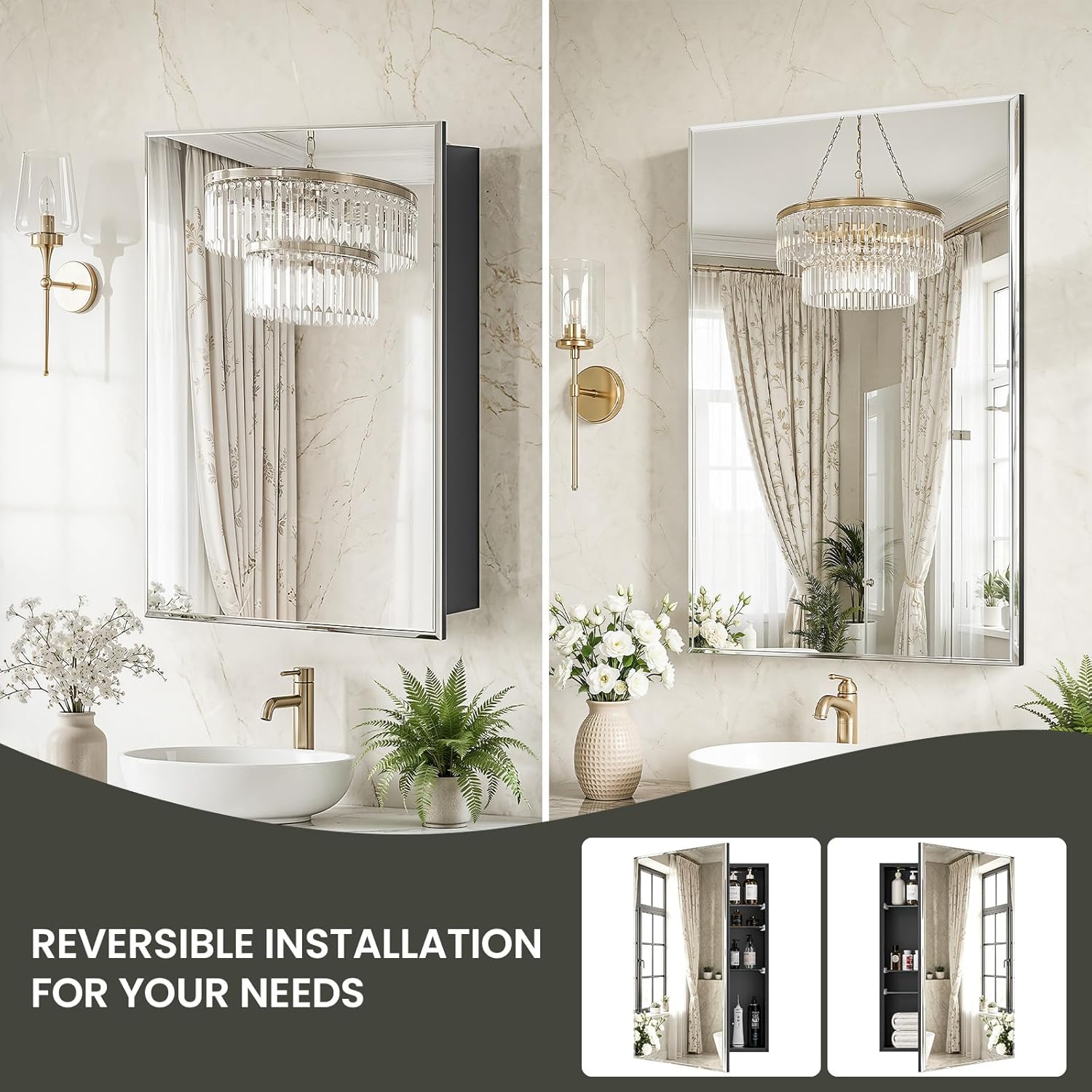 Medicine Cabinet with Mirror, 16 x 24 Frameless Beveled Bathroom Mirror with Storage, Aluminum Recessed or Wall Mount Medicine Cabinet, 6 Adjustable Shelves for Tall Bottles, DTC Soft Close