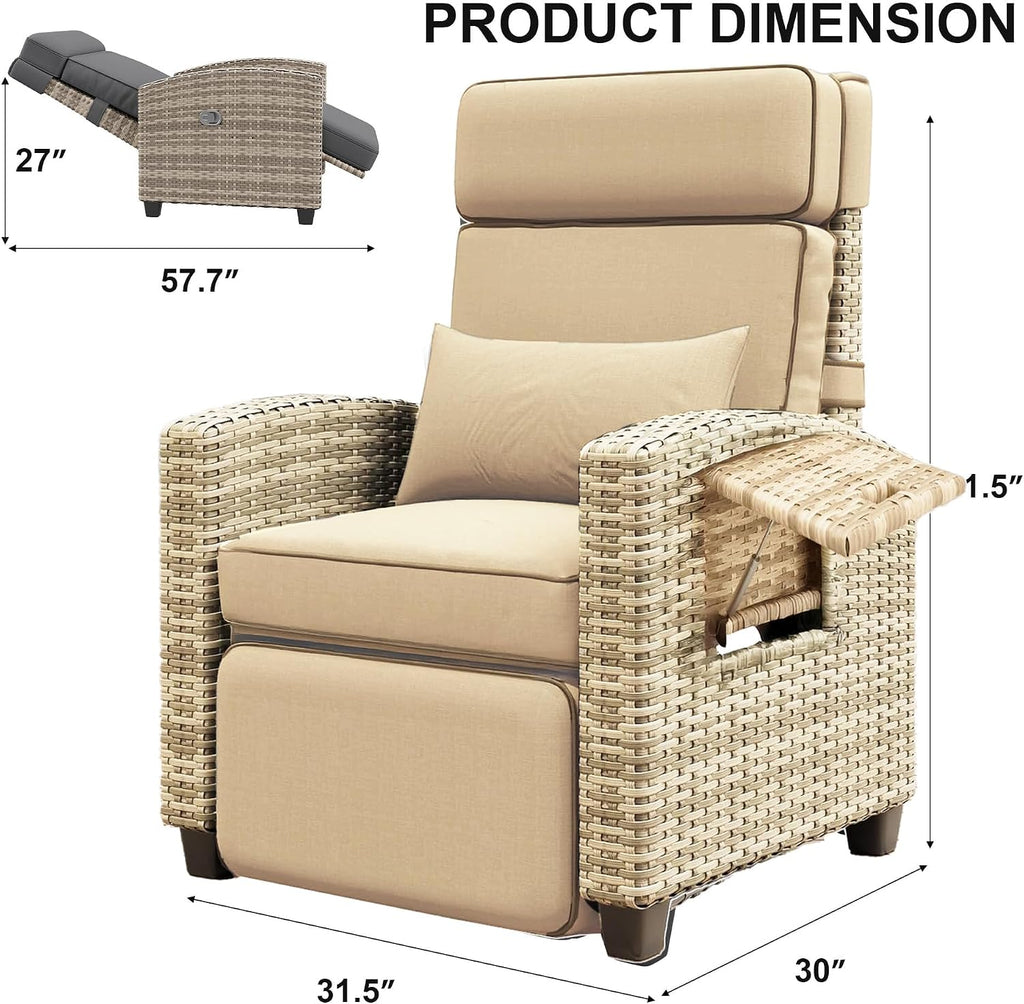 GarveeLife Outdoor Recliner Chair, PE Wicker Lounge Chair with Adjustable 145° Lay-Flat Backrest, Independent Footrest & Side Table, Plush Cushion for Patio, Poolside, Backyard in Brown