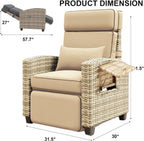 GarveeLife Outdoor Recliner Chair, PE Wicker Lounge Chair with Adjustable 145° Lay-Flat Backrest, Independent Footrest & Side Table, Plush Cushion for Patio, Poolside, Backyard in Brown