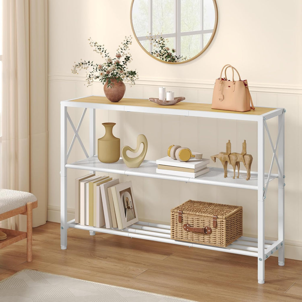 Hoctieon Industrial Console Table, 3 Tier Entryway Tables, Hallway Desk, Narrow Sofa Tables with Shelves, Entrance Table for Entryway, Living Room, Foyer, Hallway, Office, Oak Beige