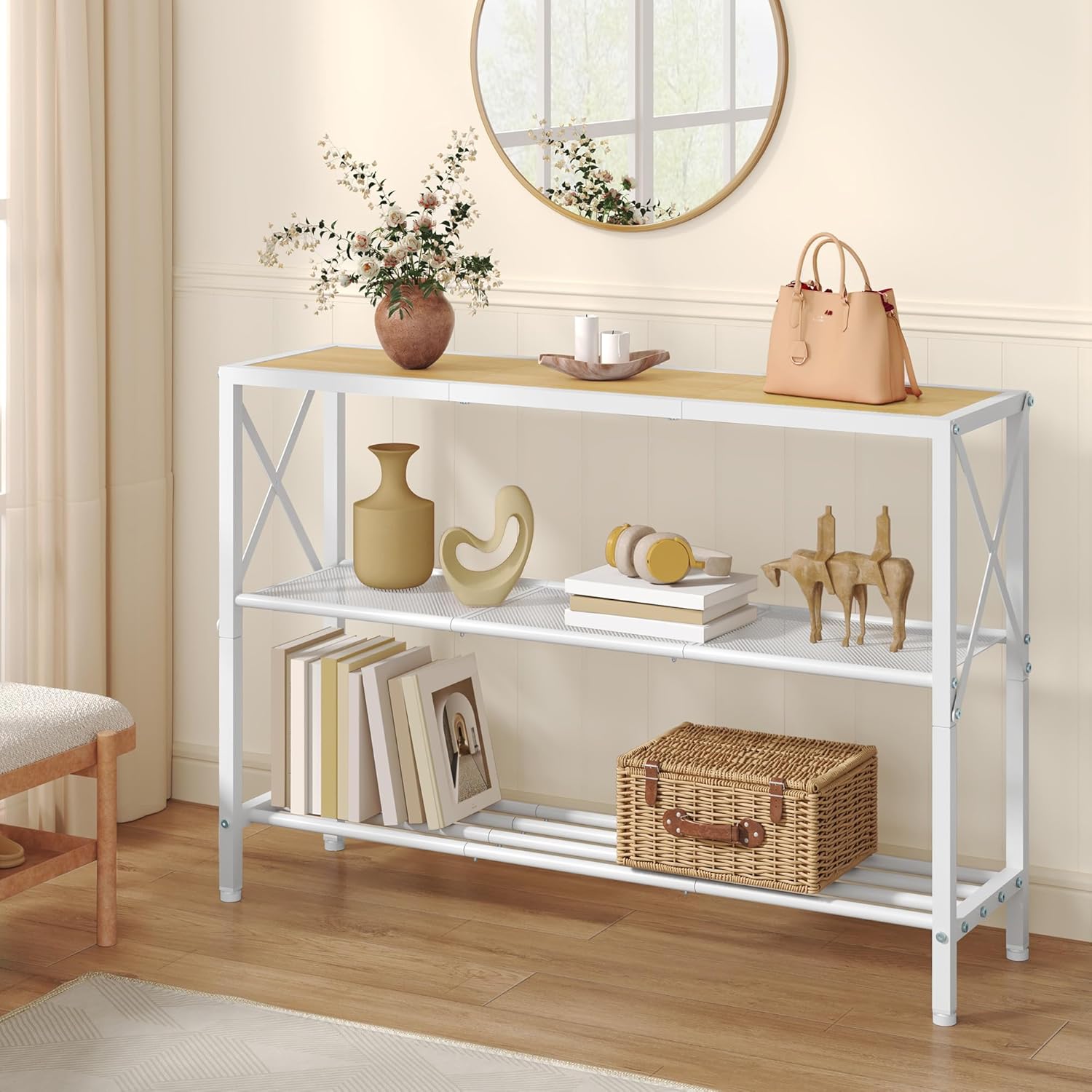 Hoctieon Industrial Console Table, 3 Tier Entryway Tables, Hallway Desk, Narrow Sofa Tables with Shelves, Entrance Table for Entryway, Living Room, Foyer, Hallway, Office, Oak Beige