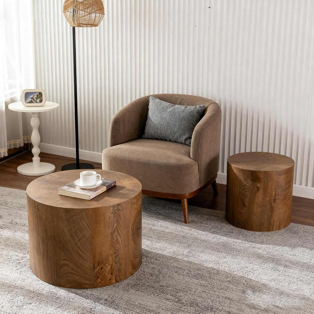 Nesting Round Coffee Table Set of 2, Accent End Table for Small Spaces, Morden Drum Side Table, Wooden Circle Center Table for Living Room, Fully Assembled - Light Walnut