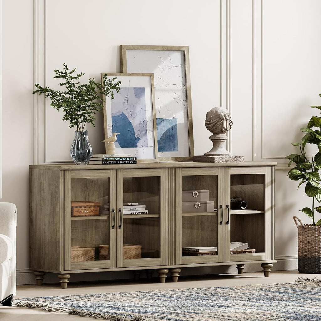 WAMPAT Farmhouse End Table with Ample Storage, Set of 2 Large Mid Century Modern Wood Bedside Table, Wide Sofa Side End Table with Glass Doors, Cabinet for Living Room, Bedroom, Wash Grey
