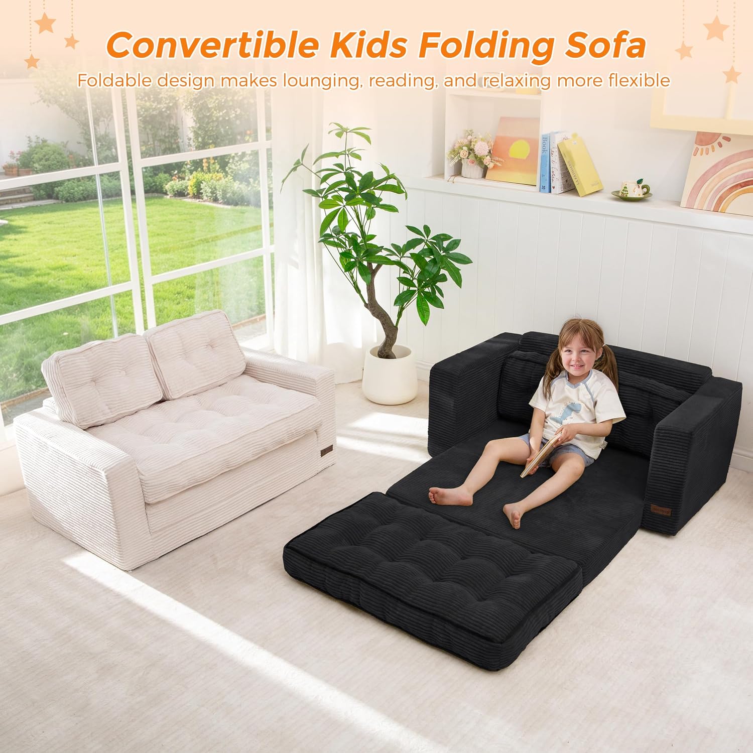 MAXYOYO Convertible Sofa Bed for Boys and Girls, Floor Kids Bean Bag Chair | Pull Out Folding Kids Sofa Chair, Comfy Kids Bean Bag Chair for Playroom, Gift for Children's Day & Birthday