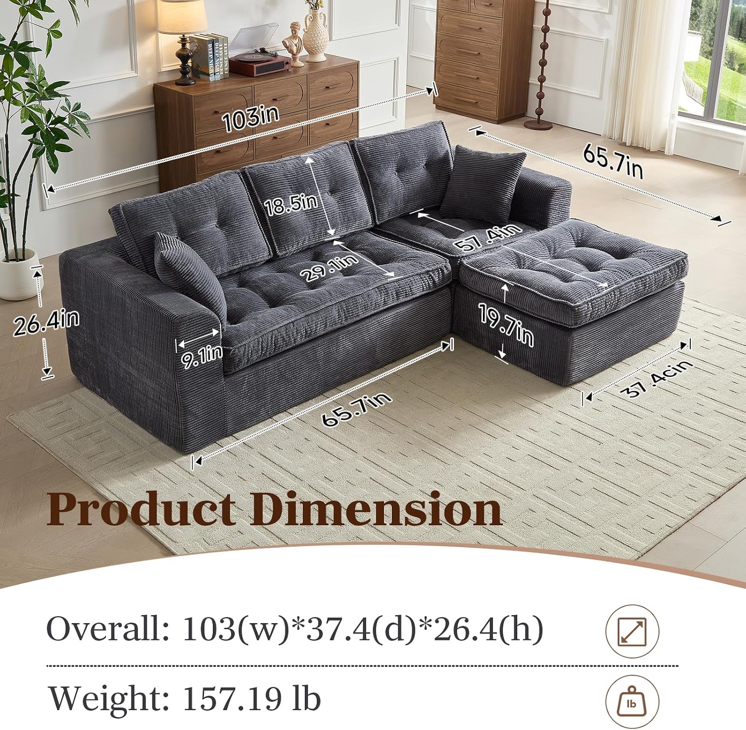 ROXGOX Modular Sectional Sofa, Modern Boneless Couch with L-Shape Chaise, Home Sectional Comfy Sofa Set for Living Room Bedroom and Floor, Plush Corduroy, No Assembly Required (Gray)