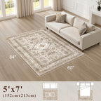 Vintage Living Room Area Rug 5x7 - Large Soft Washable Oriental Traditional Distressed Farmhouse Rugs for Bedroom - Indoor Floor Accent Carpet for Home Office House Decor - Beige