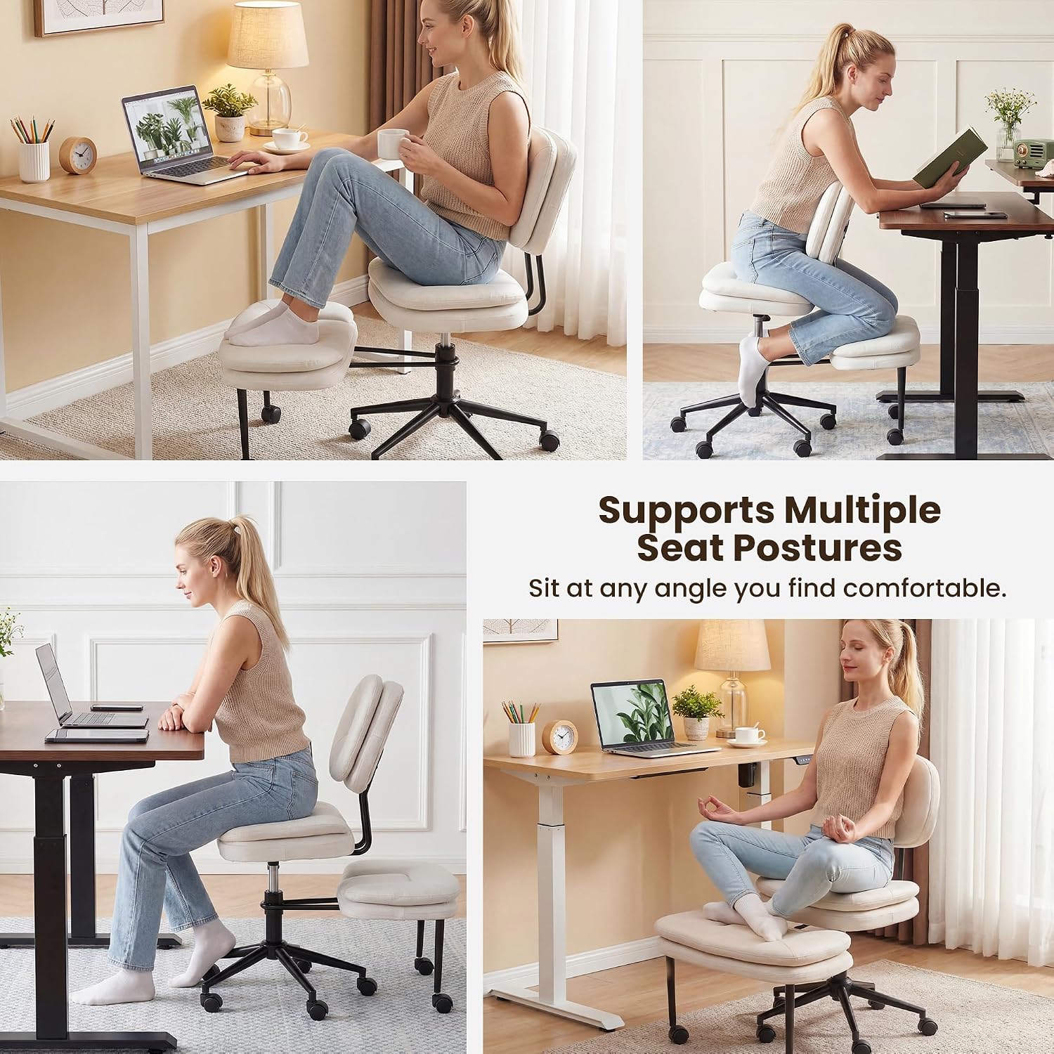 COSIEST Cross Legged Office Chair with Wheels, Ergonomic Kneeling Chair for Adults, Criss Cross Chair with Wide Seat, 360° Swivel Meditation Yoga Desk Chair, Adjustable Height, White
