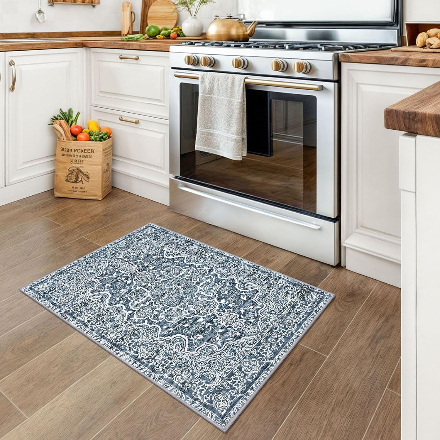 KUTA Entryway Rugs Indoor Non-Slip Washable Small Area Rug 2x3 Blue Entrance Carpet Soft Printed Vintage Floral Distressed Tribal Farmhouse Low-Pile Door Mat for Bedroom Kitchen