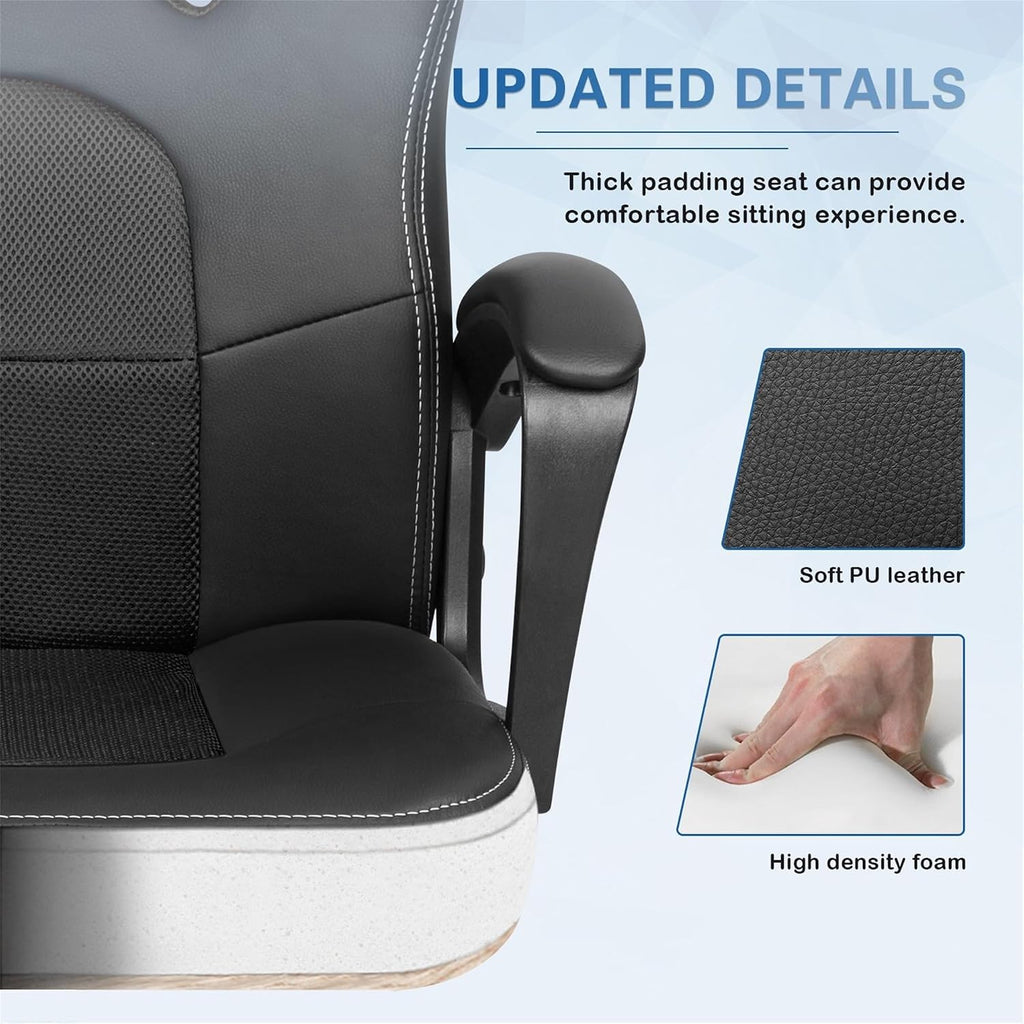 GUNJI Computer Chair PU Leather High Back Office Modern Racing Style Game Chair Adjustable Executive Ergonomic Desk with Padded Armrests and Lumbar Support (Black)