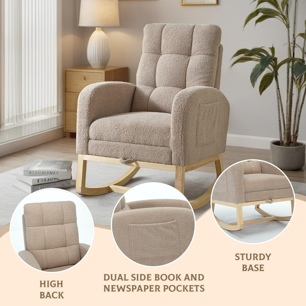 Rosevera Nursery Rocking Chair with Adjustable Footrest for Living Room - Teddy Fabric, Solid Wooden Legs, Comfortable Lounge Armchair with High Backrest and Side Pockets (Modern, Light Coffee)