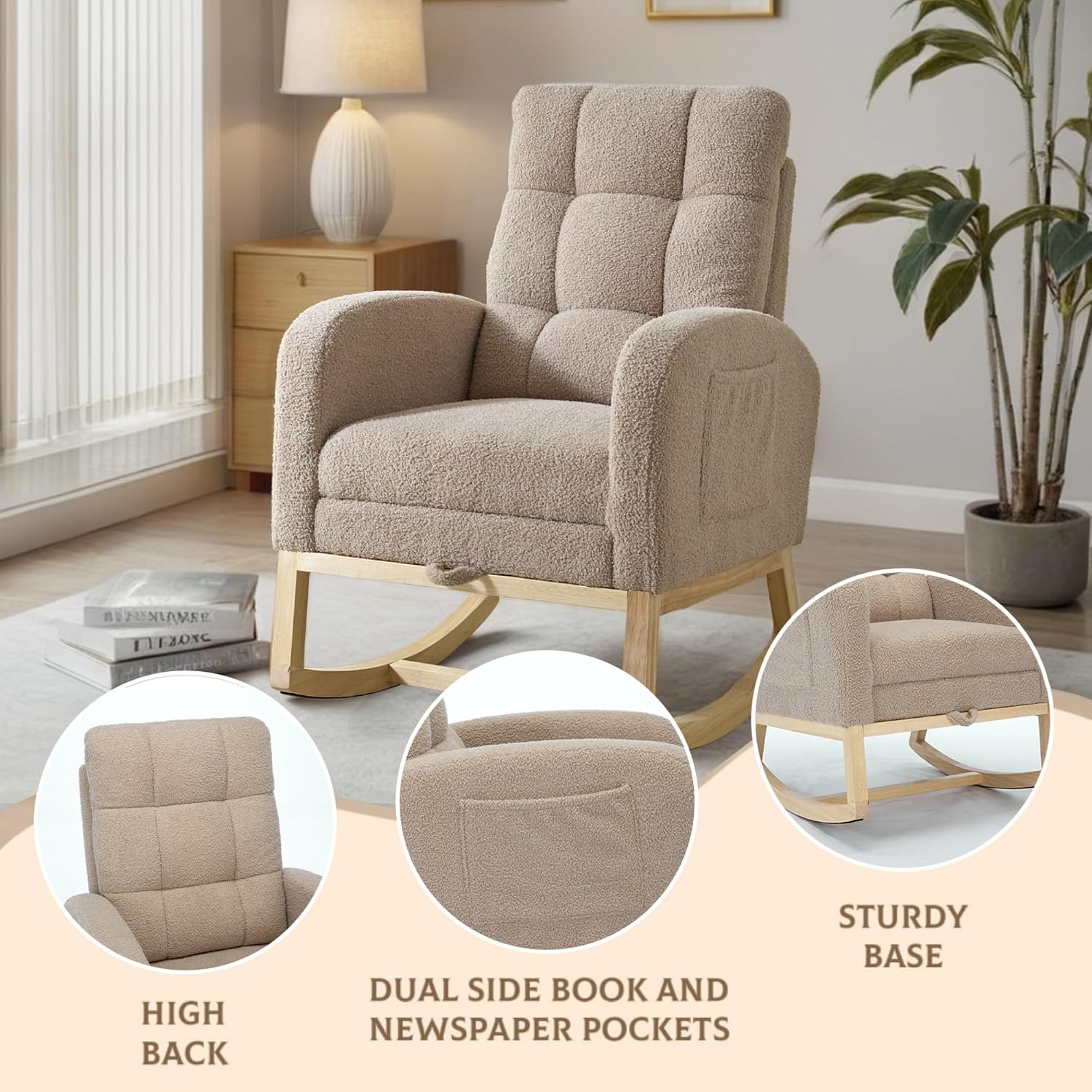 Rosevera Nursery Rocking Chair with Adjustable Footrest for Living Room - Teddy Fabric, Solid Wooden Legs, Comfortable Lounge Armchair with High Backrest and Side Pockets (Modern, Light Coffee)