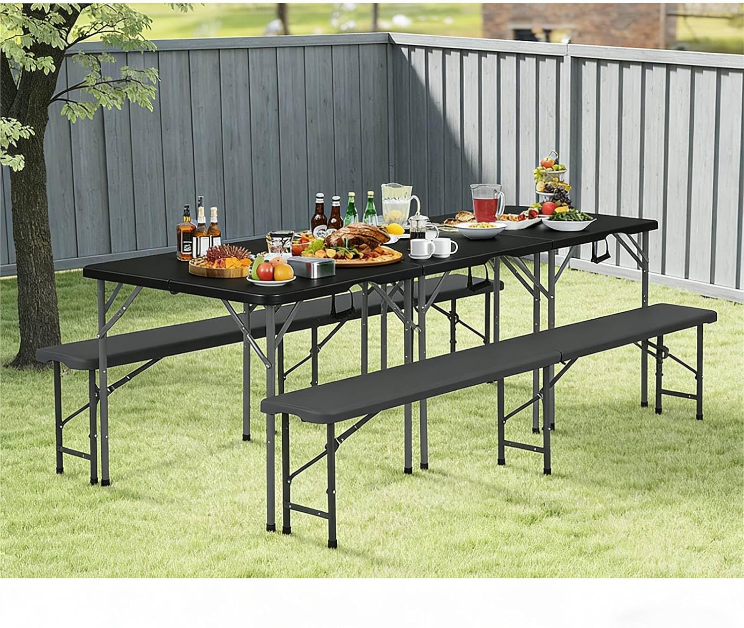 34'' Square Folding Card Table with Built in Handle & Steel Legs Black | 353LBS Capacity Heavy Duty HDPE Carry Handle Easily Lift Indoor Outdoor Utility for Picnic, Camping, Party & Tailgate