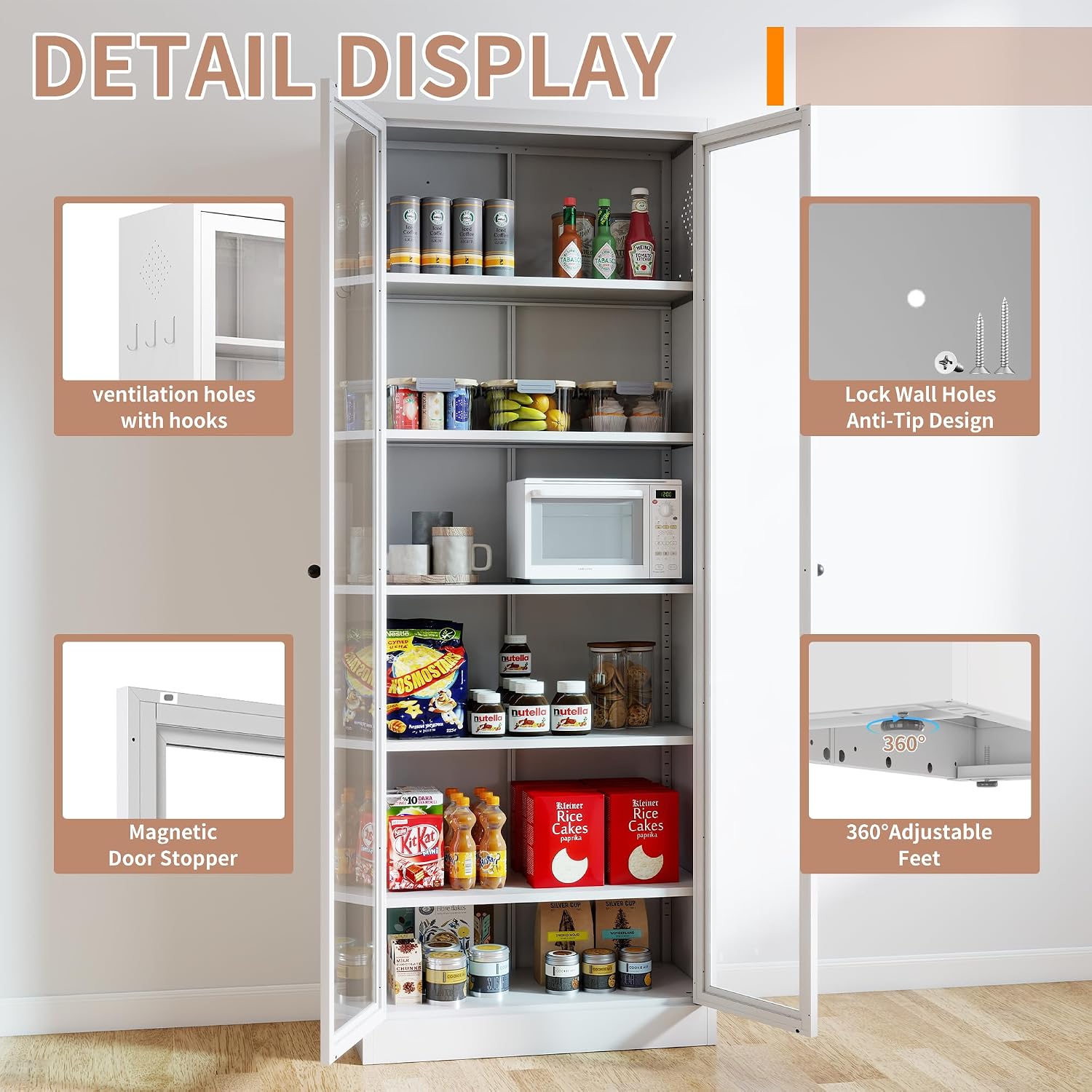 Metal Kitchen Pantry Cabinet, 72" Tall Storage with 5 Adjustable Shelves, White Freestanding Cabinet for Kitchen Pantry Bathroom, 14" Narrow Cabinet with Glass Door