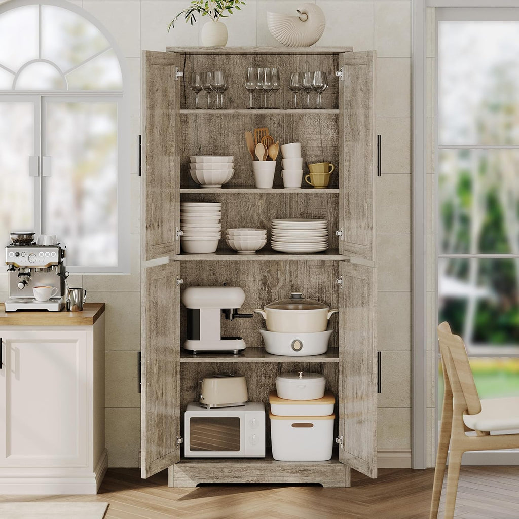 GarveeHome 70 in Tall Kitchen Pantry Cabinet, Freestanding Storage Cabinet with 4 Doors and Adjustable Shelves, Utility Cupboard for Dining Room, Living Room, Bathroom (Gray)