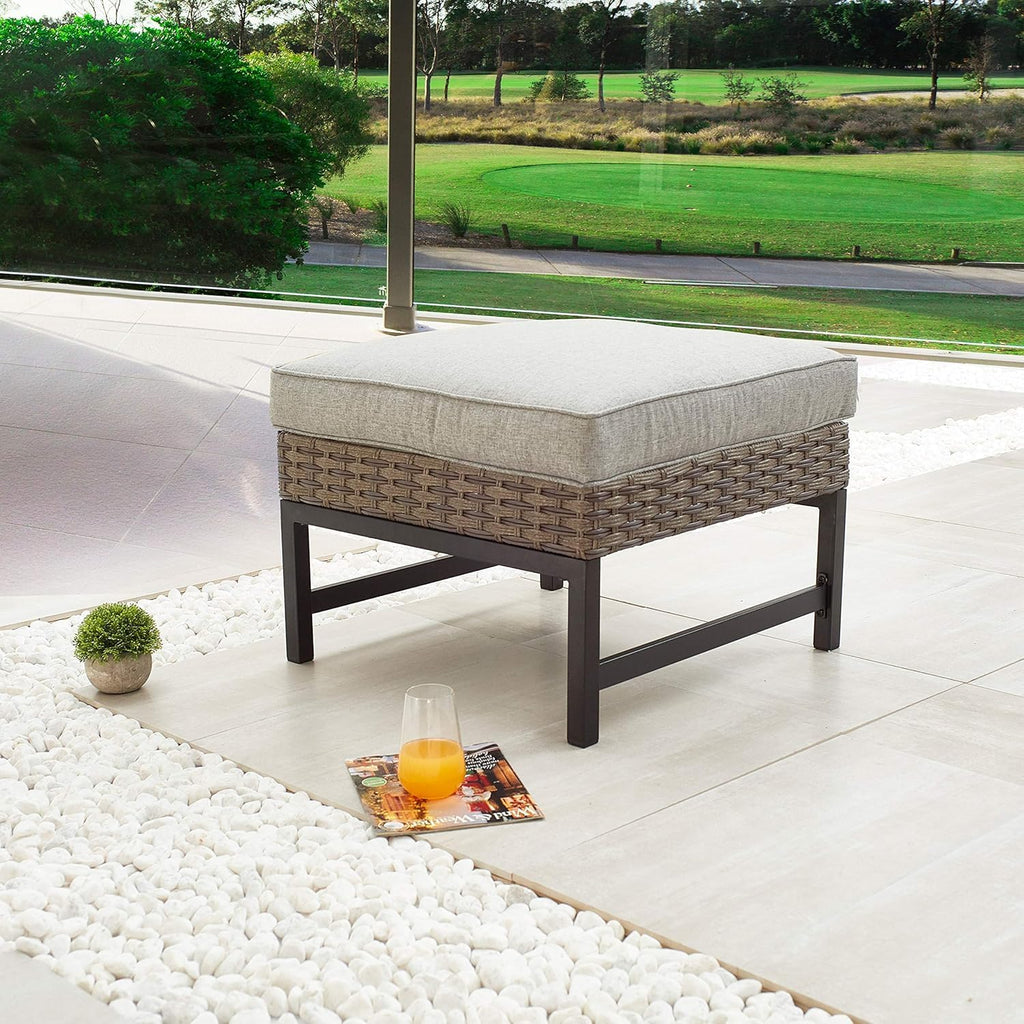 LOKATSE HOME Outdoor Patio Bistro Furniture Ottoman Footstool Rest with Premium Fabric Soft Removable Cushion and Wicker Rattan with Slatted Steel for Garden Yard Lawn Poolside, Grey